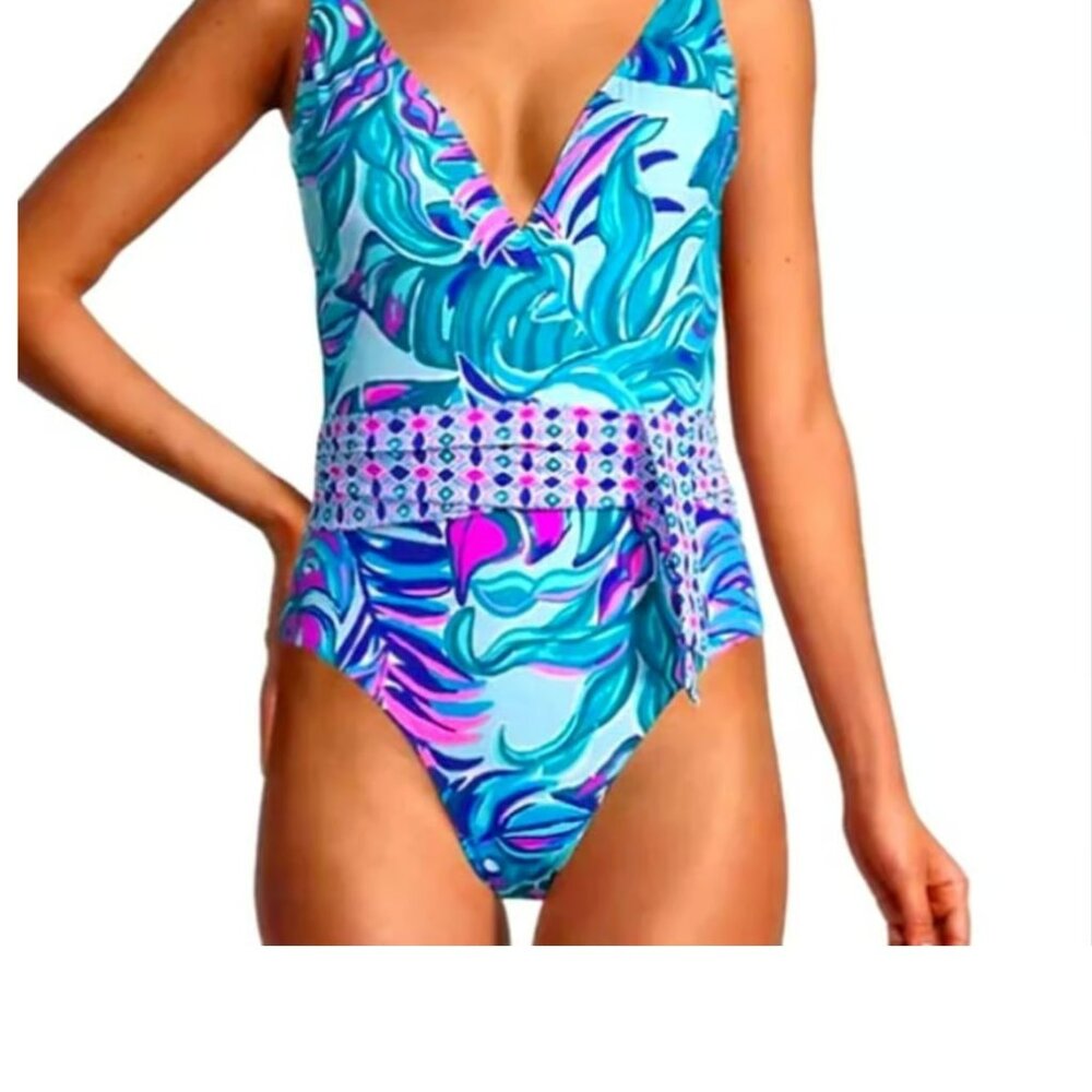 Lilly Pulitzer Emori Seasalt Blue Don’t Wanna Leaf One Piece Swimsuit Size 10 - Picture 4 of 5